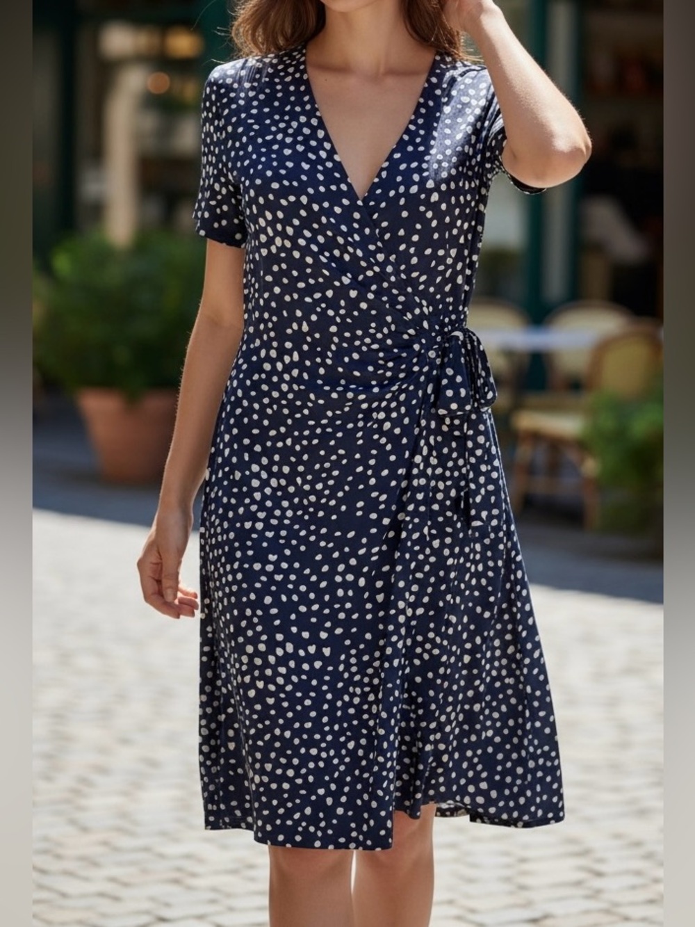 Nicole Miller Navy Wrap Dress L Tan Polka Dot Stretch Jersey Knee Length